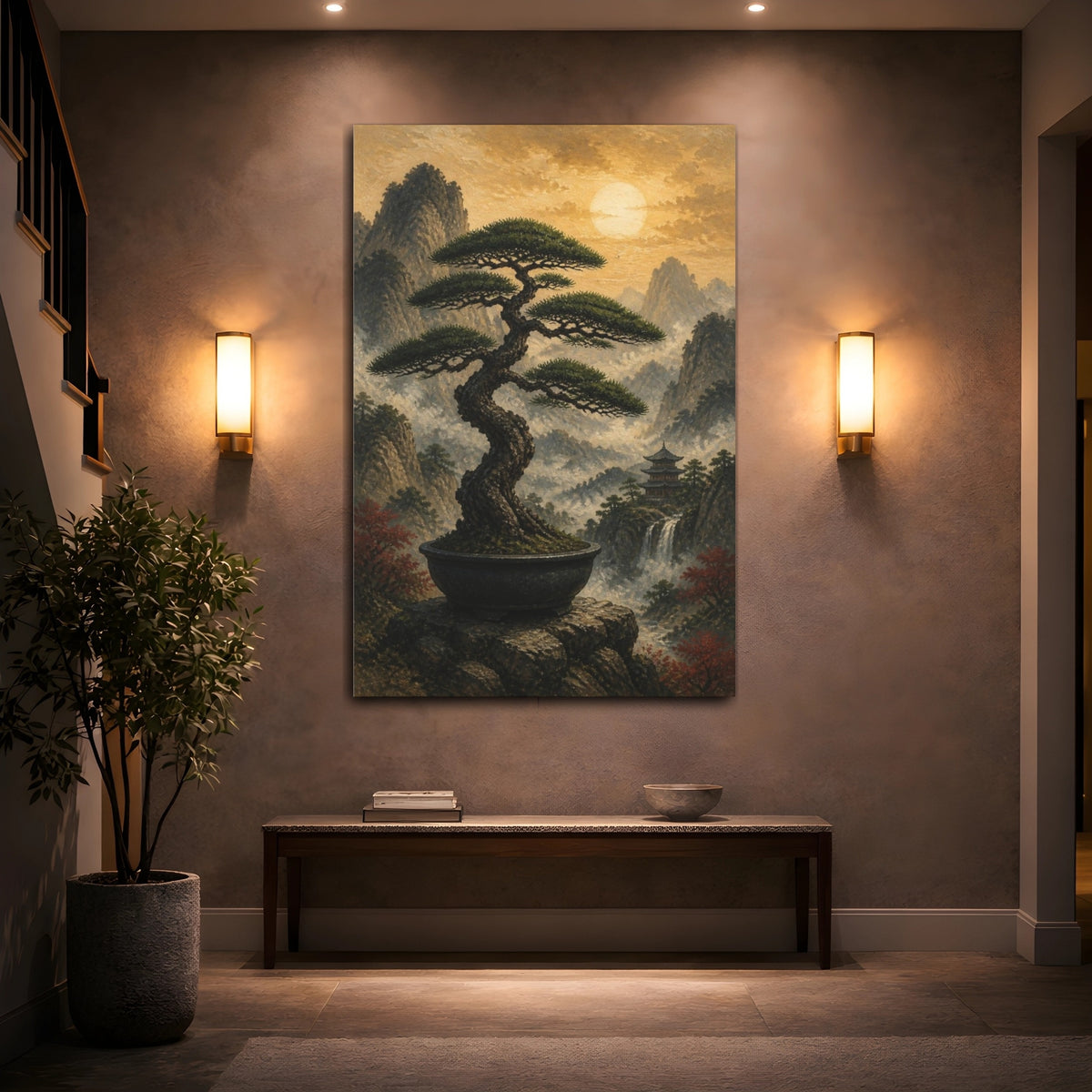 Mockup 2. Japanese Bonsai Sunset shown as canvas print