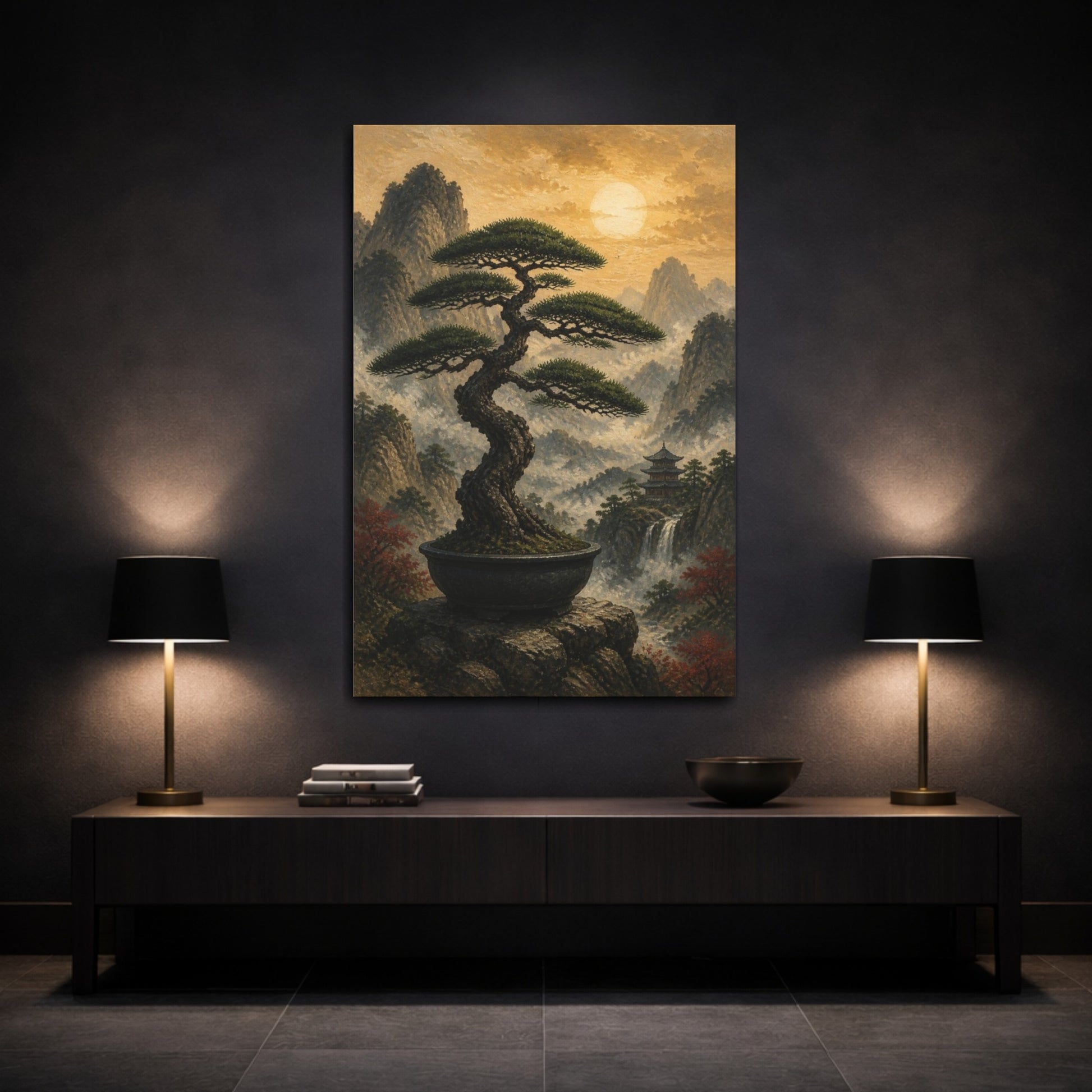 Mockup 3. Japanese Bonsai Sunset shown as canvas print