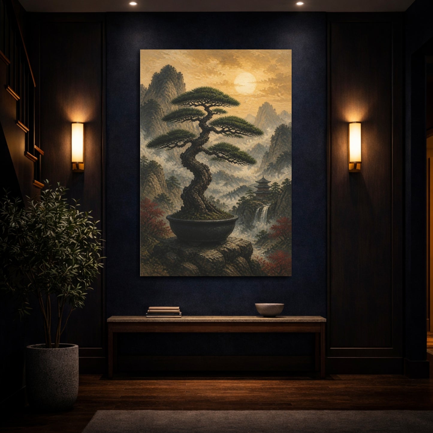 Mockup 4. Japanese Bonsai Sunset shown as canvas print
