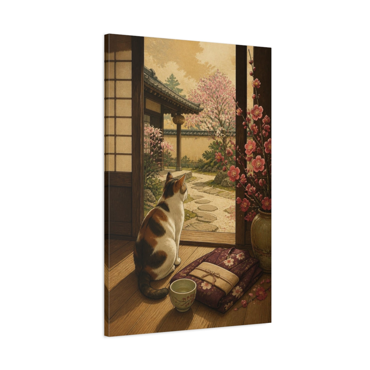 Main Mockup. Japanese Calico Cat & Plum shown as canvas print