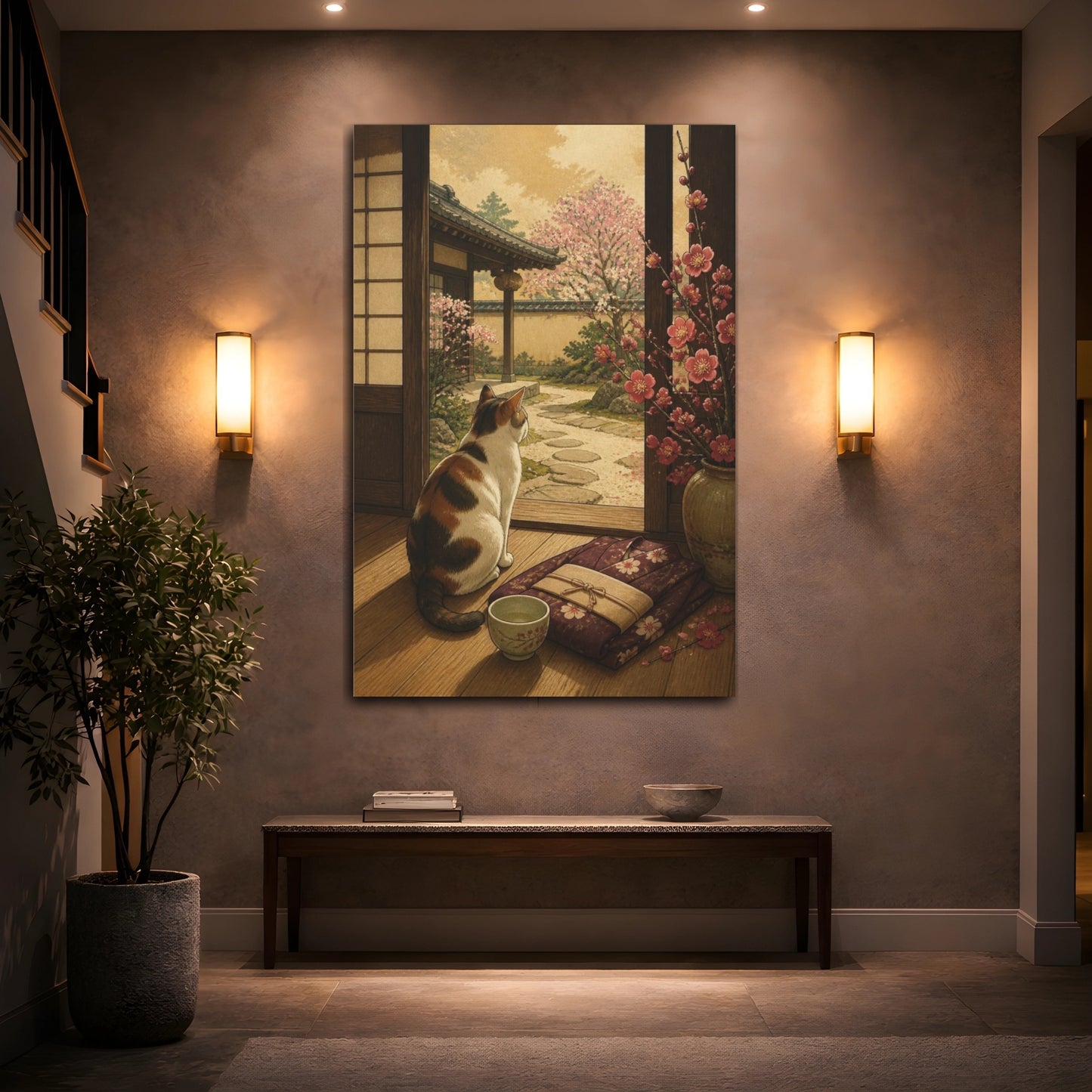 Mockup 2. Japanese Calico Cat & Plum shown as canvas print