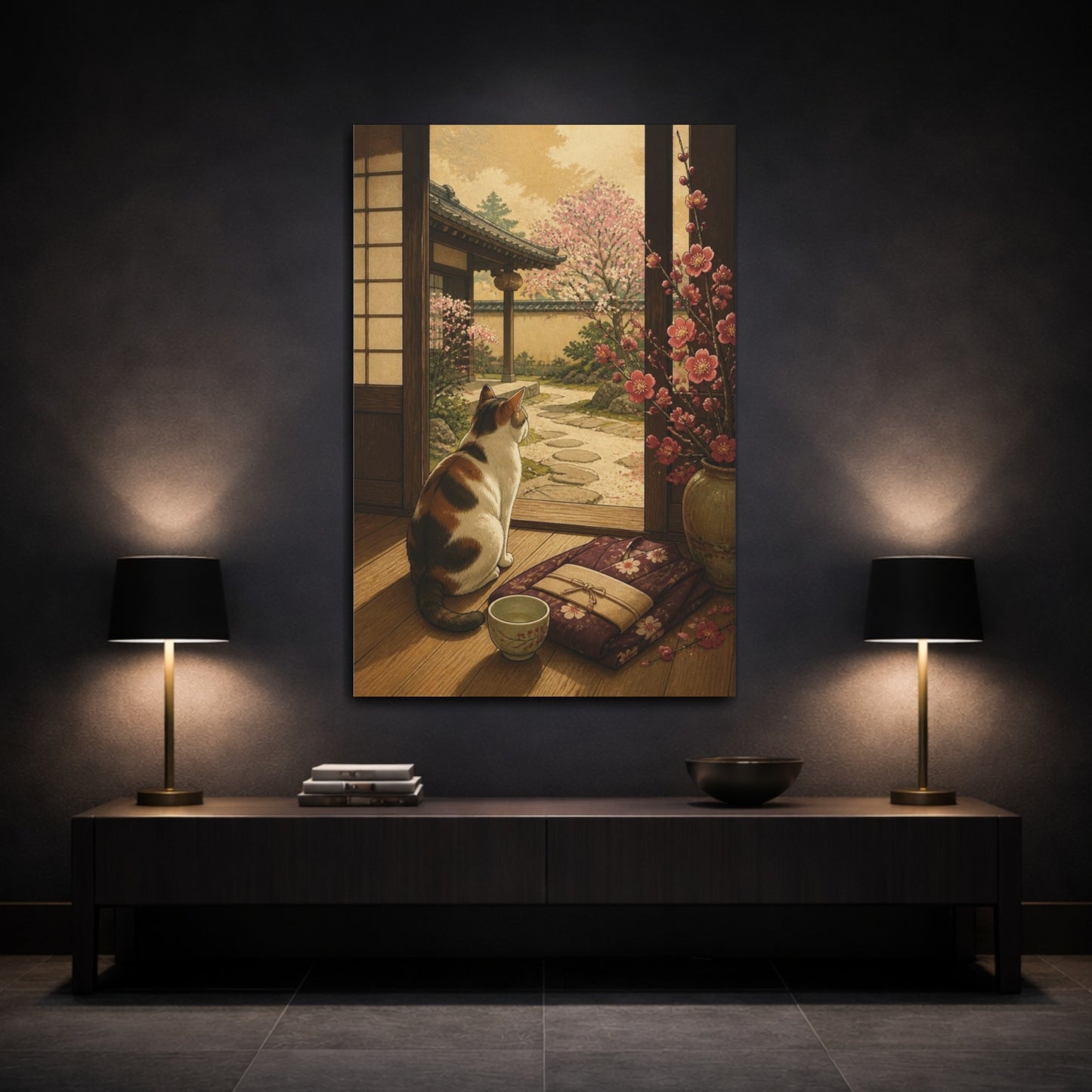 Mockup 3. Japanese Calico Cat & Plum shown as canvas print
