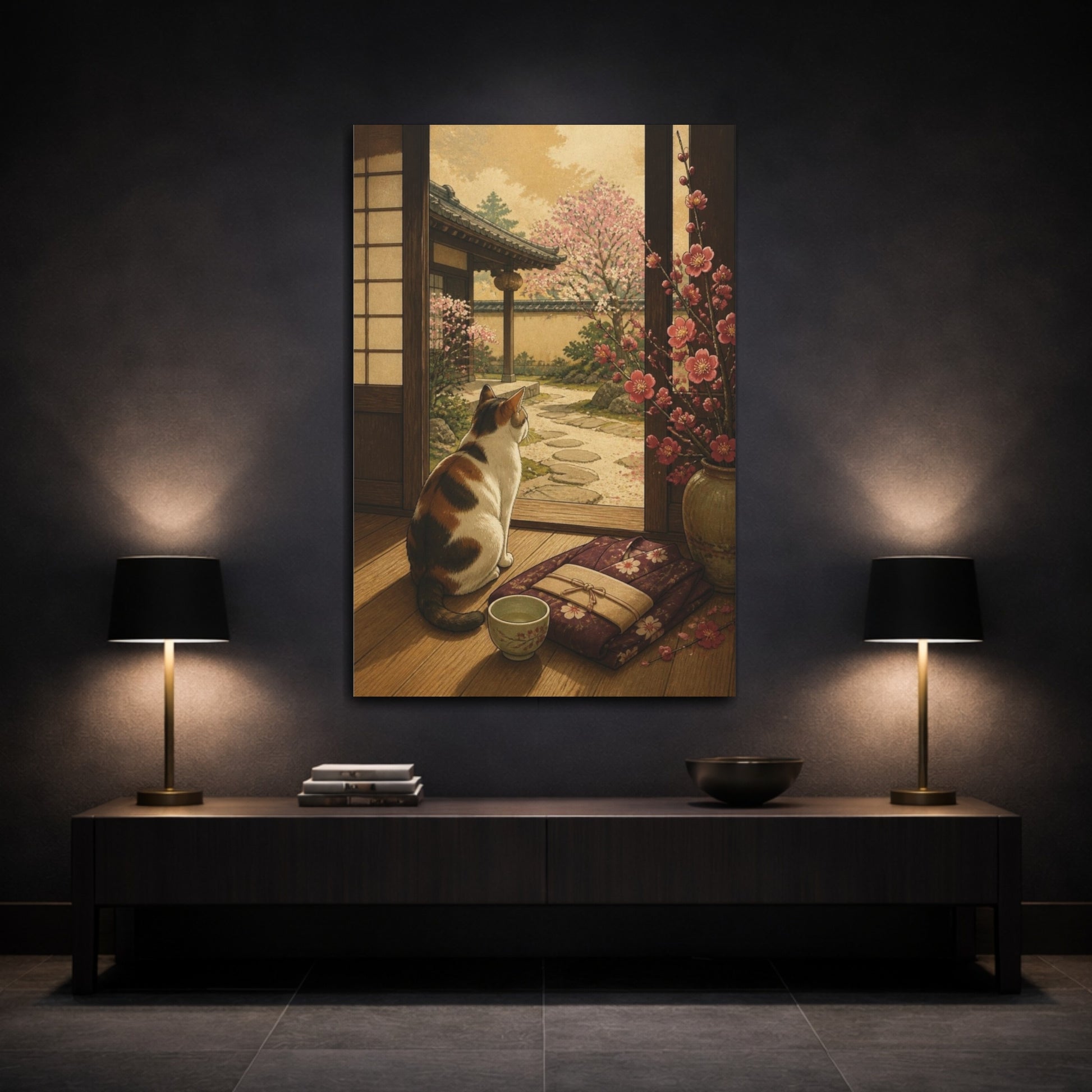 Mockup 3. Japanese Calico Cat & Plum shown as canvas print