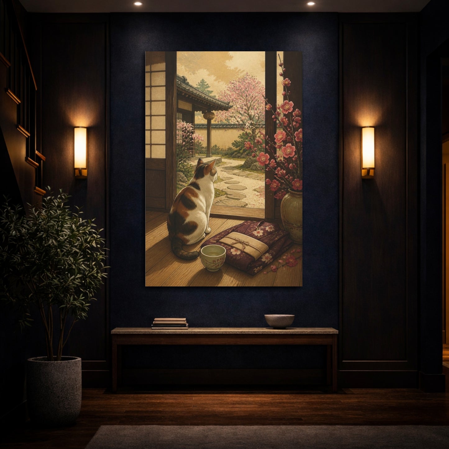 Mockup 4. Japanese Calico Cat & Plum shown as canvas print