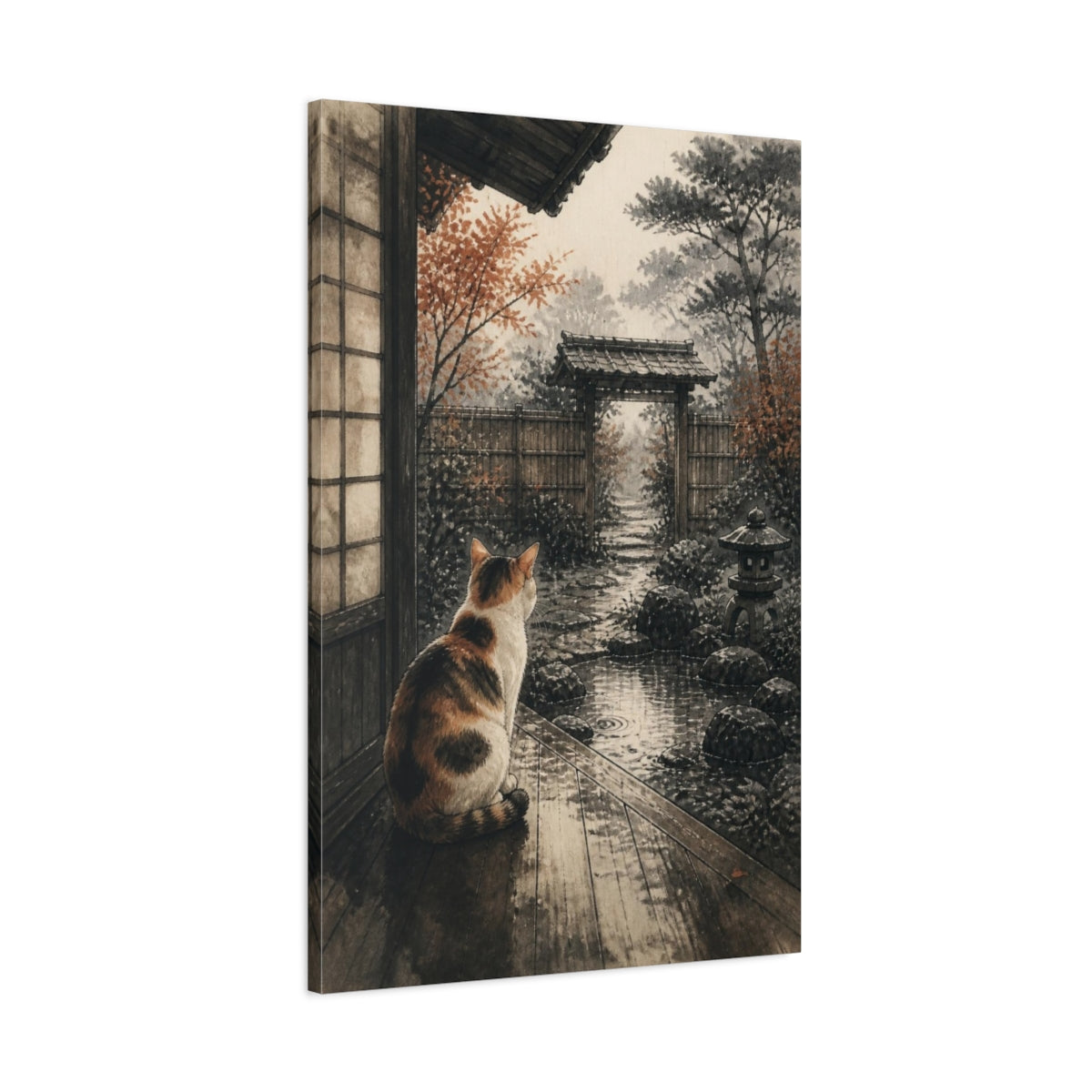 Main Mockup. Japanese Calico Cat Garden shown as canvas print