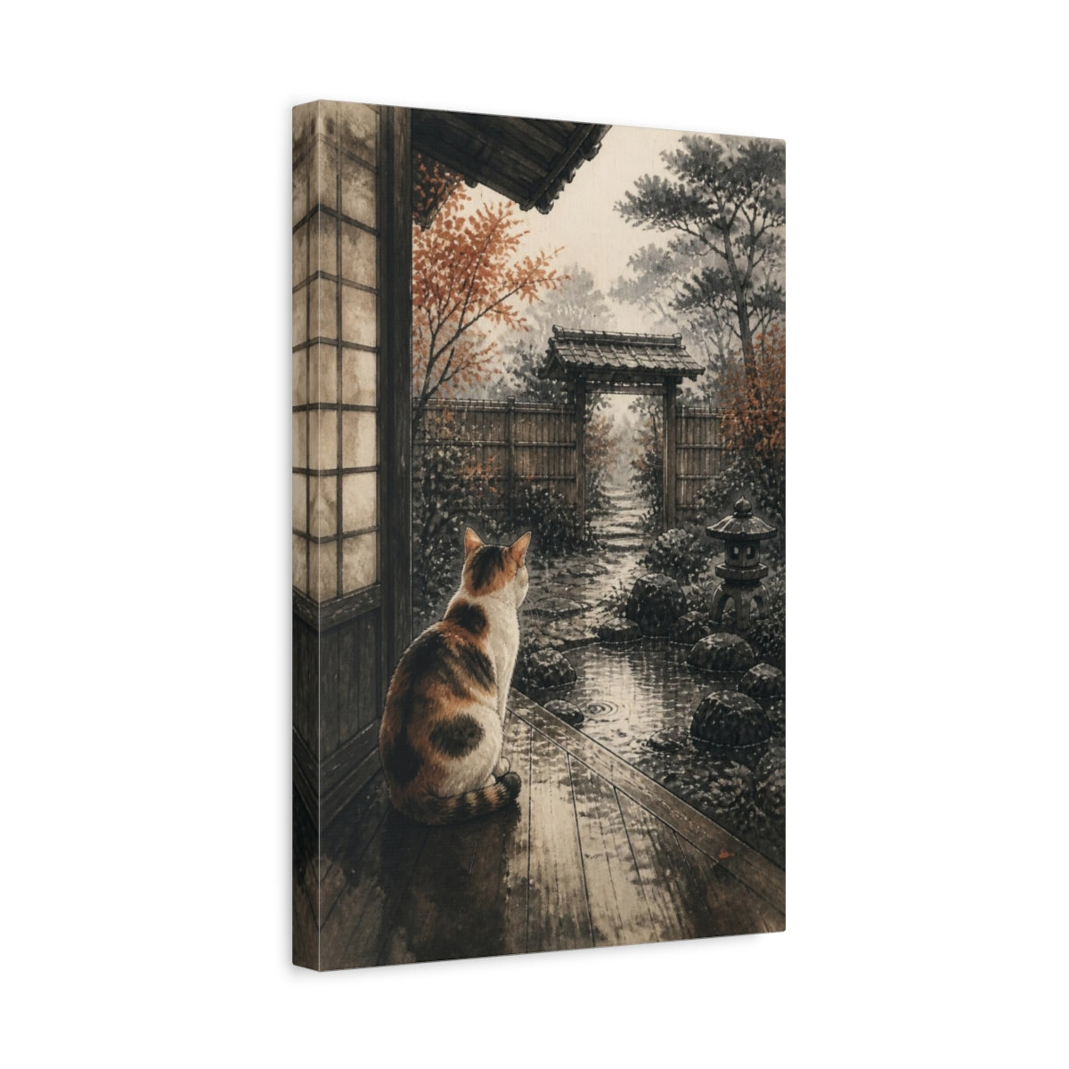 Side Mockup 4. Japanese Calico Cat Garden shown as canvas print