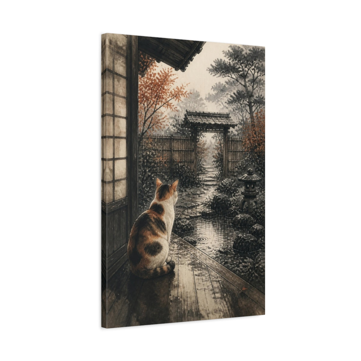 Side Mockup 2. Japanese Calico Cat Garden shown as canvas print