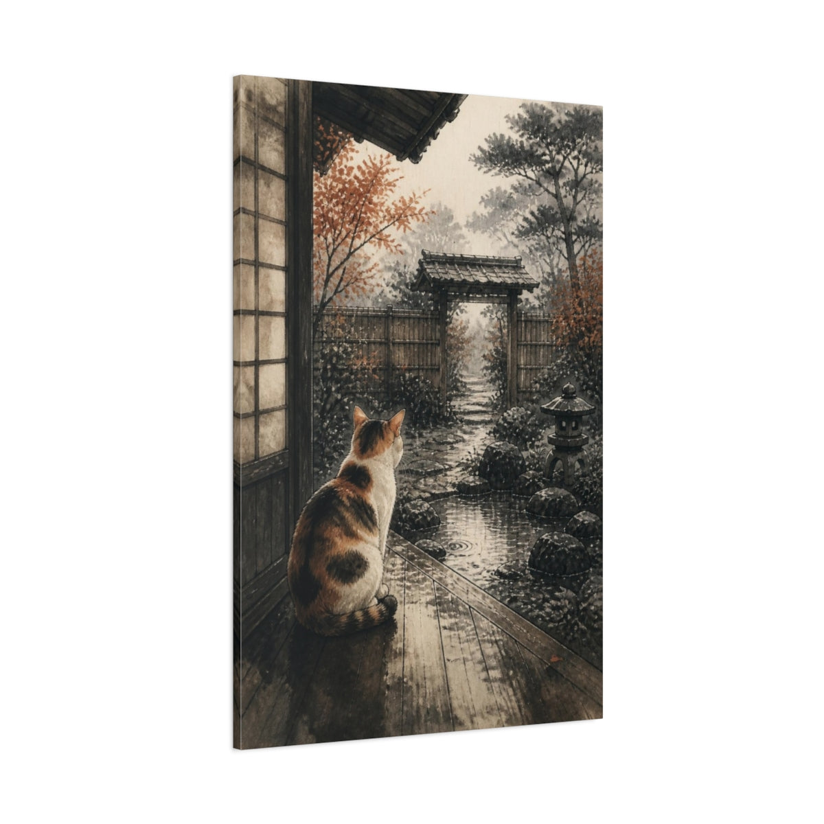 Side Mockup 1. Japanese Calico Cat Garden shown as canvas print