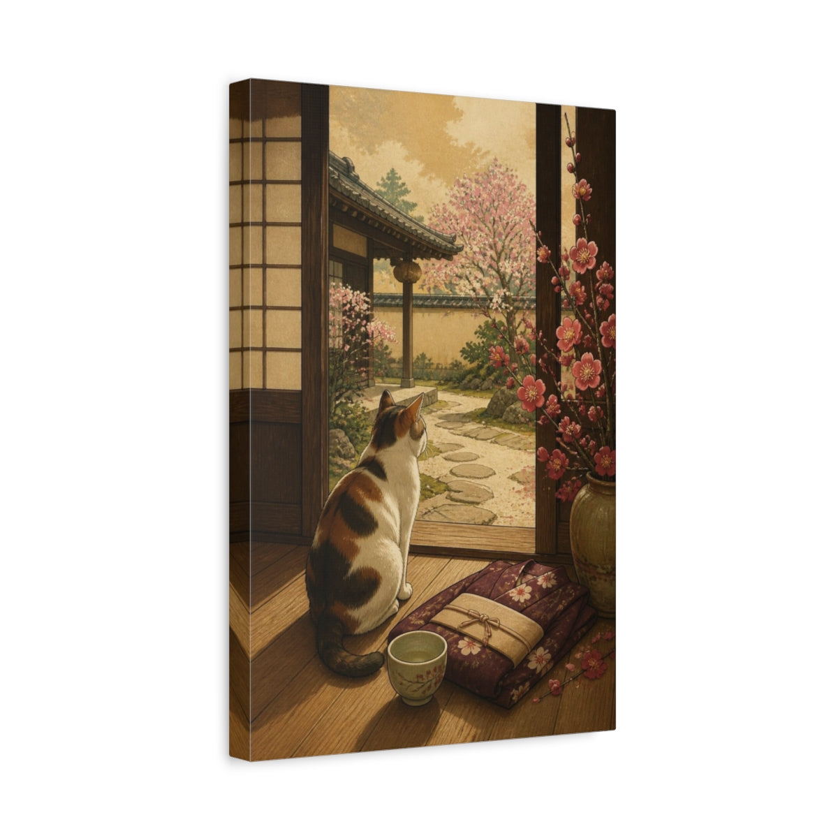 Side Mockup 4. Japanese Calico Cat & Plum shown as canvas print