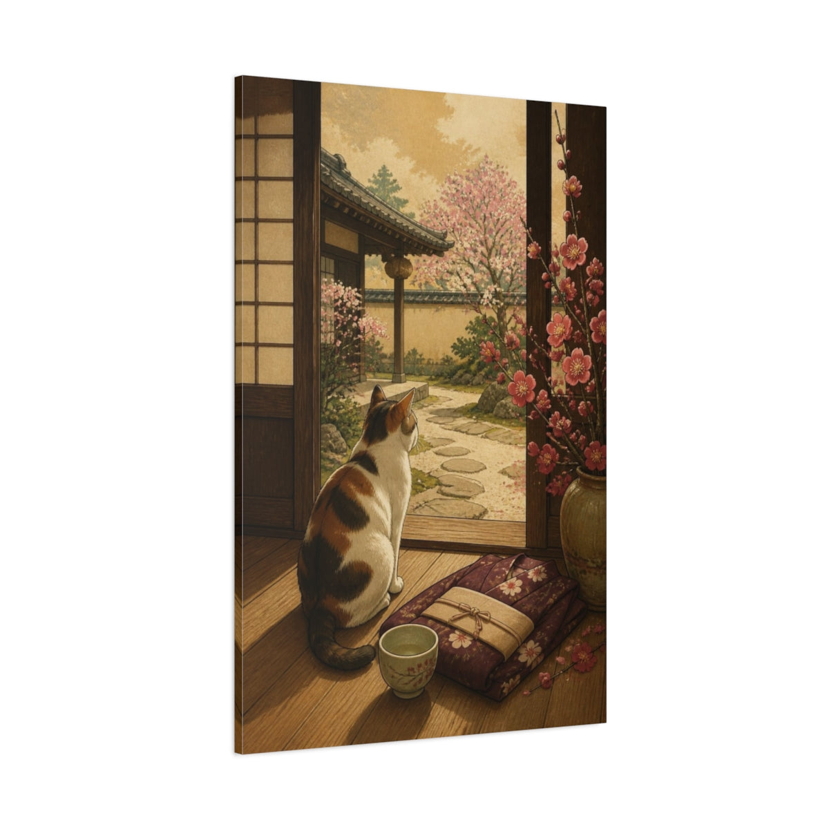 Side Mockup 1. Japanese Calico Cat & Plum shown as canvas print