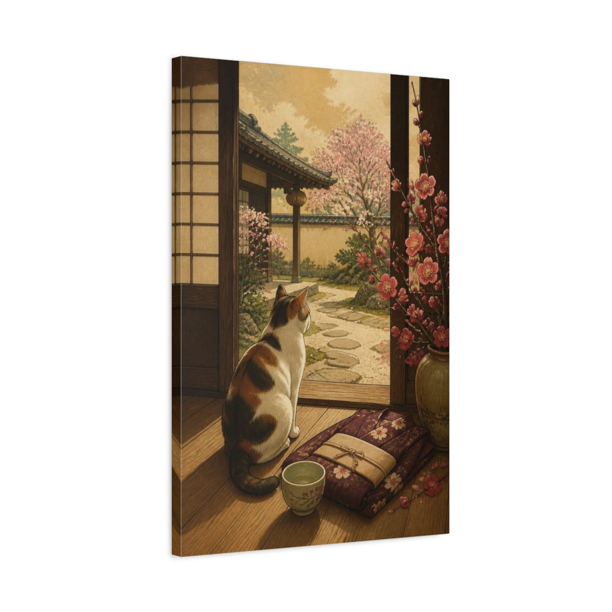 Side Mockup 2. Japanese Calico Cat & Plum shown as canvas print
