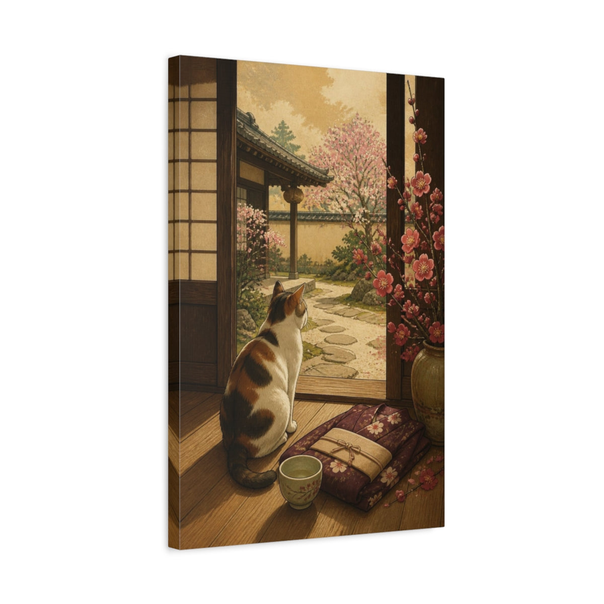 Side Mockup 3. Japanese Calico Cat & Plum shown as canvas print