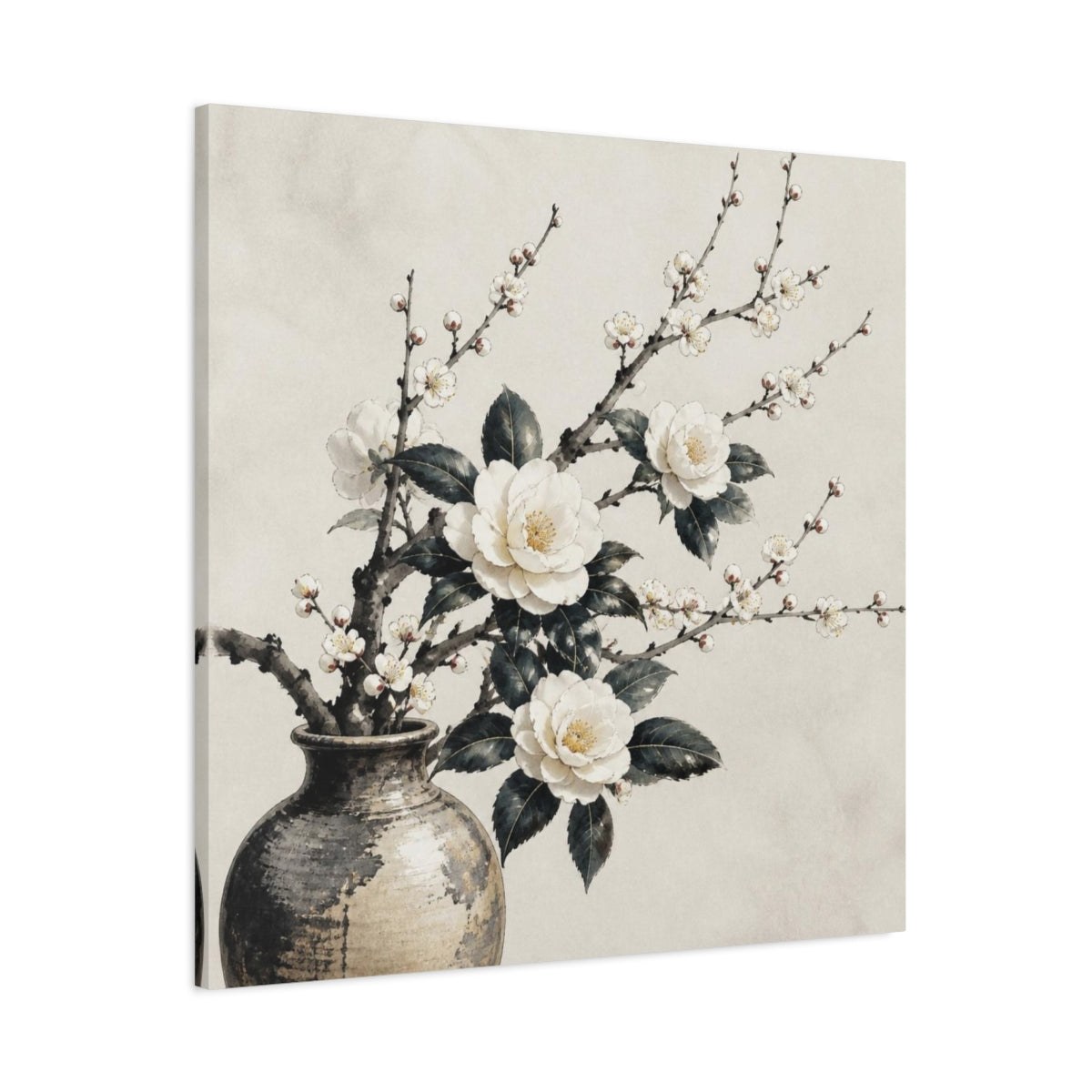 Main Mockup. Japanese Camellia Branch shown as canvas print