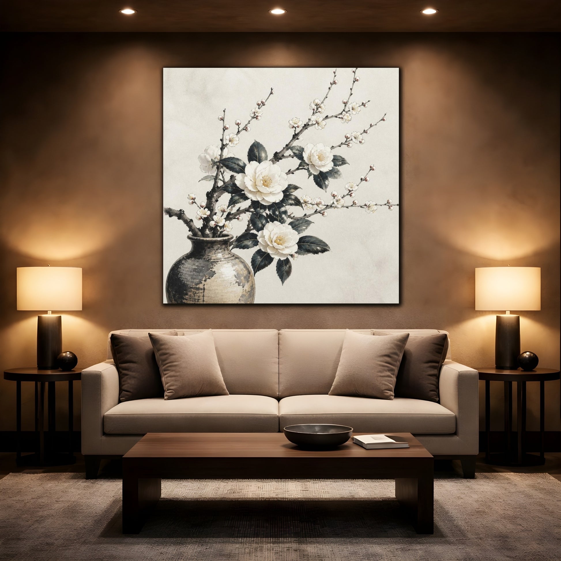 Mockup 2. Japanese Camellia Branch shown as canvas print