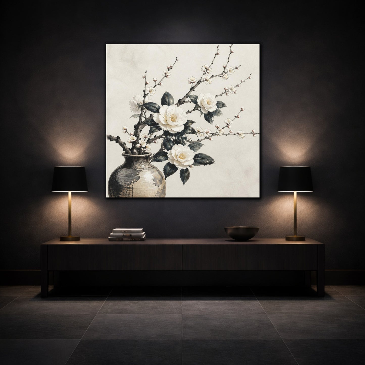 Mockup 3. Japanese Camellia Branch shown as canvas print
