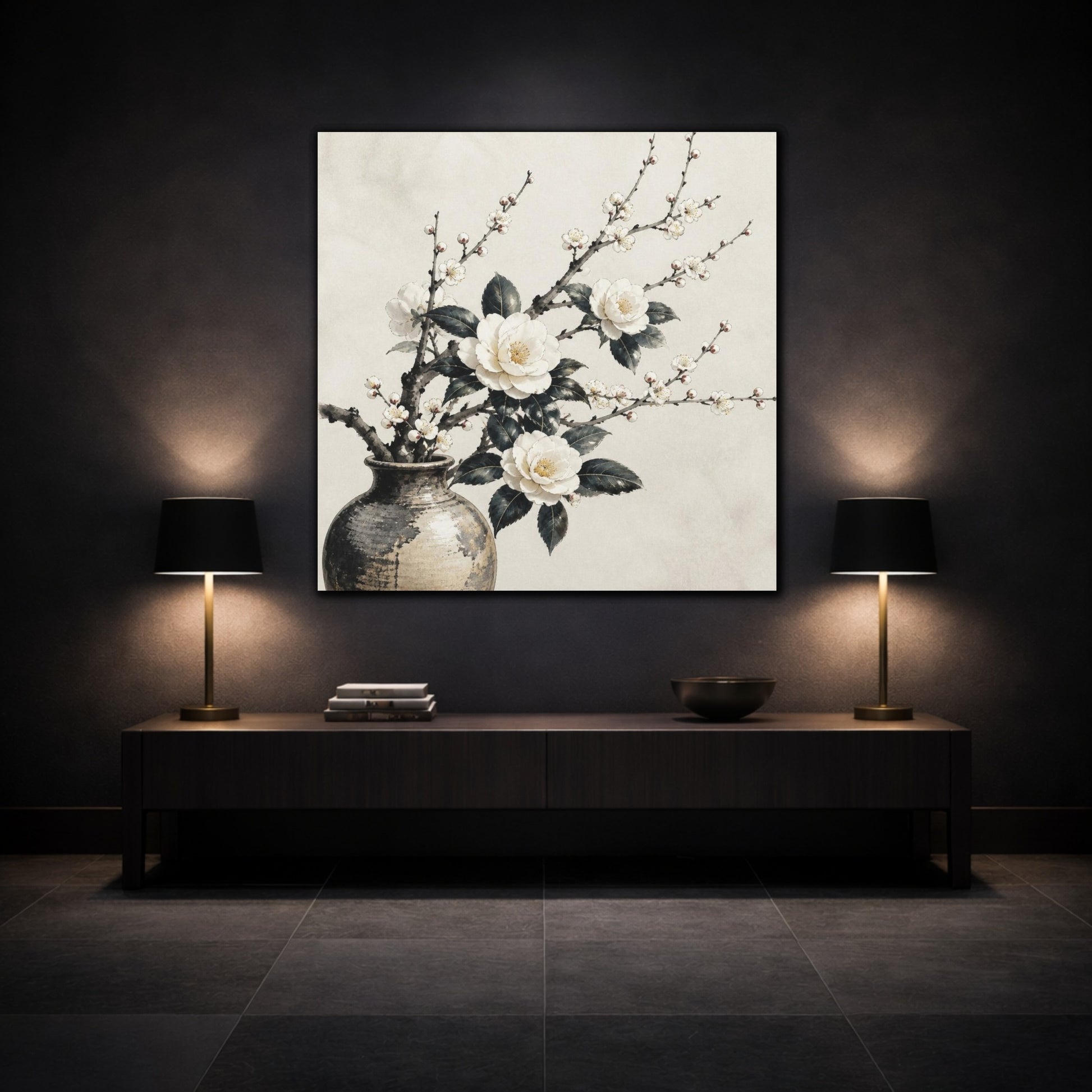 Mockup 3. Japanese Camellia Branch shown as canvas print