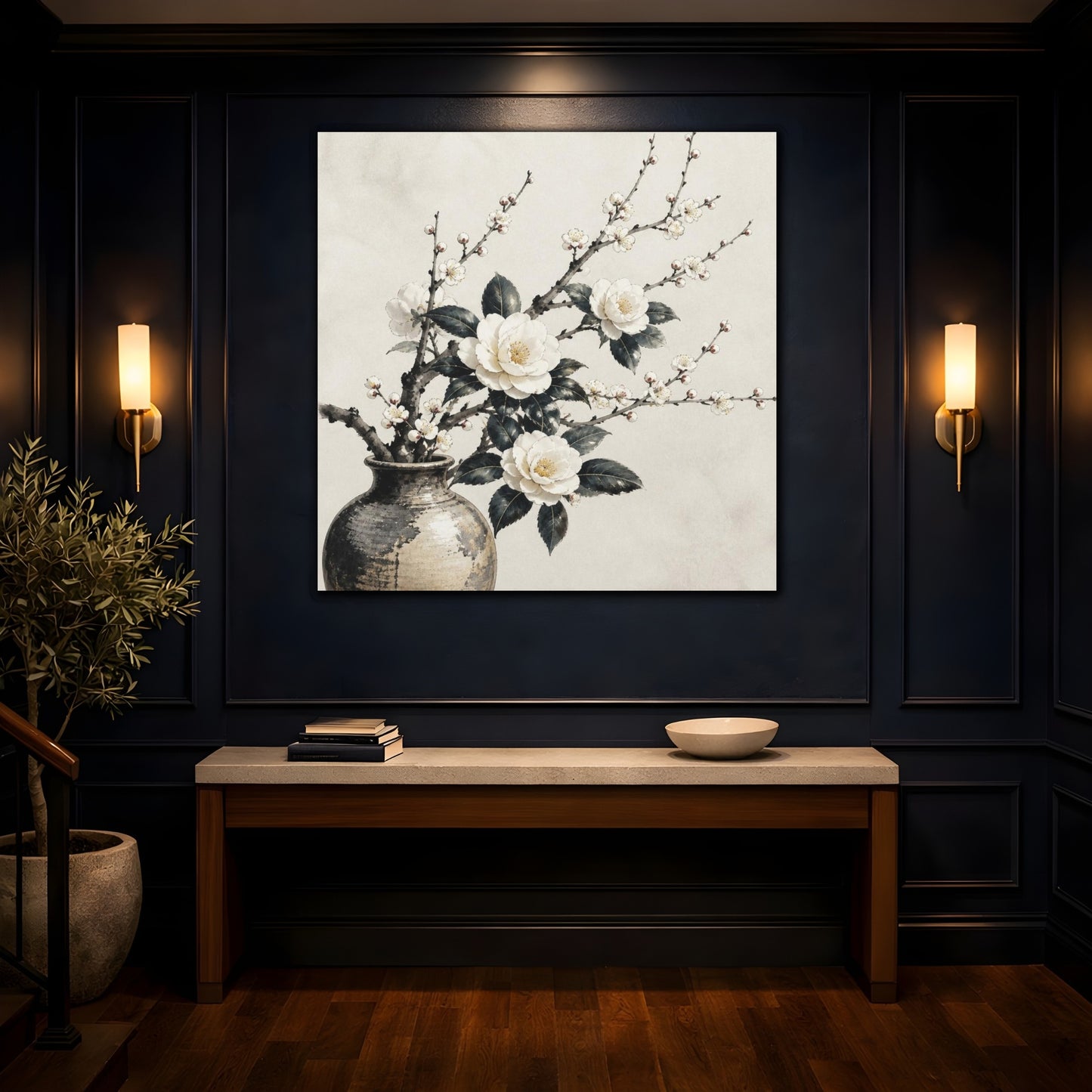 Mockup 4. Japanese Camellia Branch shown as canvas print