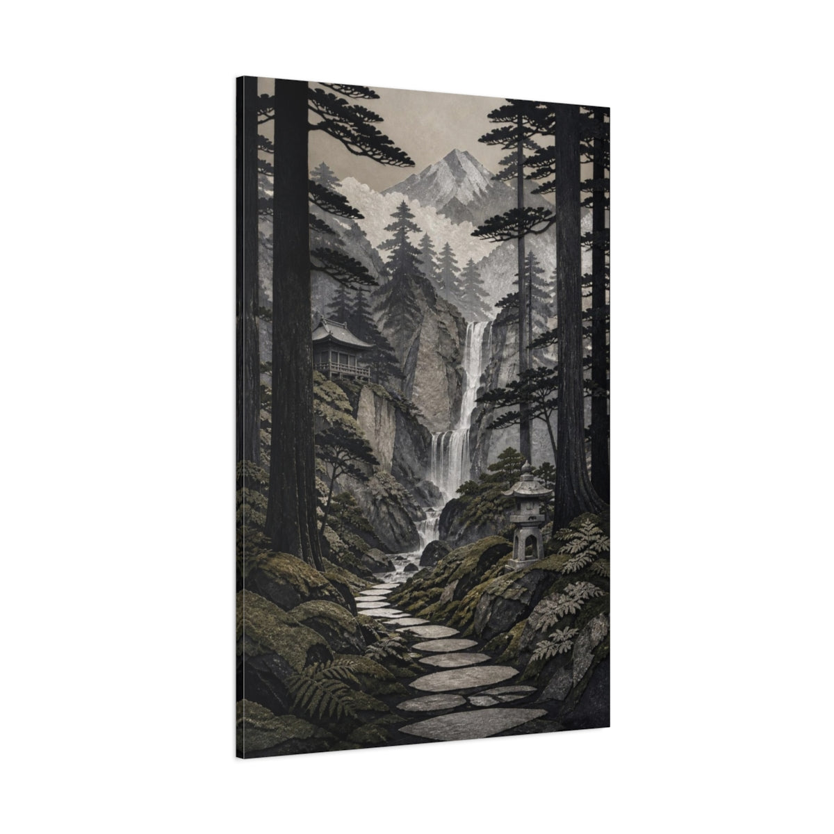Side Mockup 1. Japanese Cedar Waterfall Path shown as canvas print