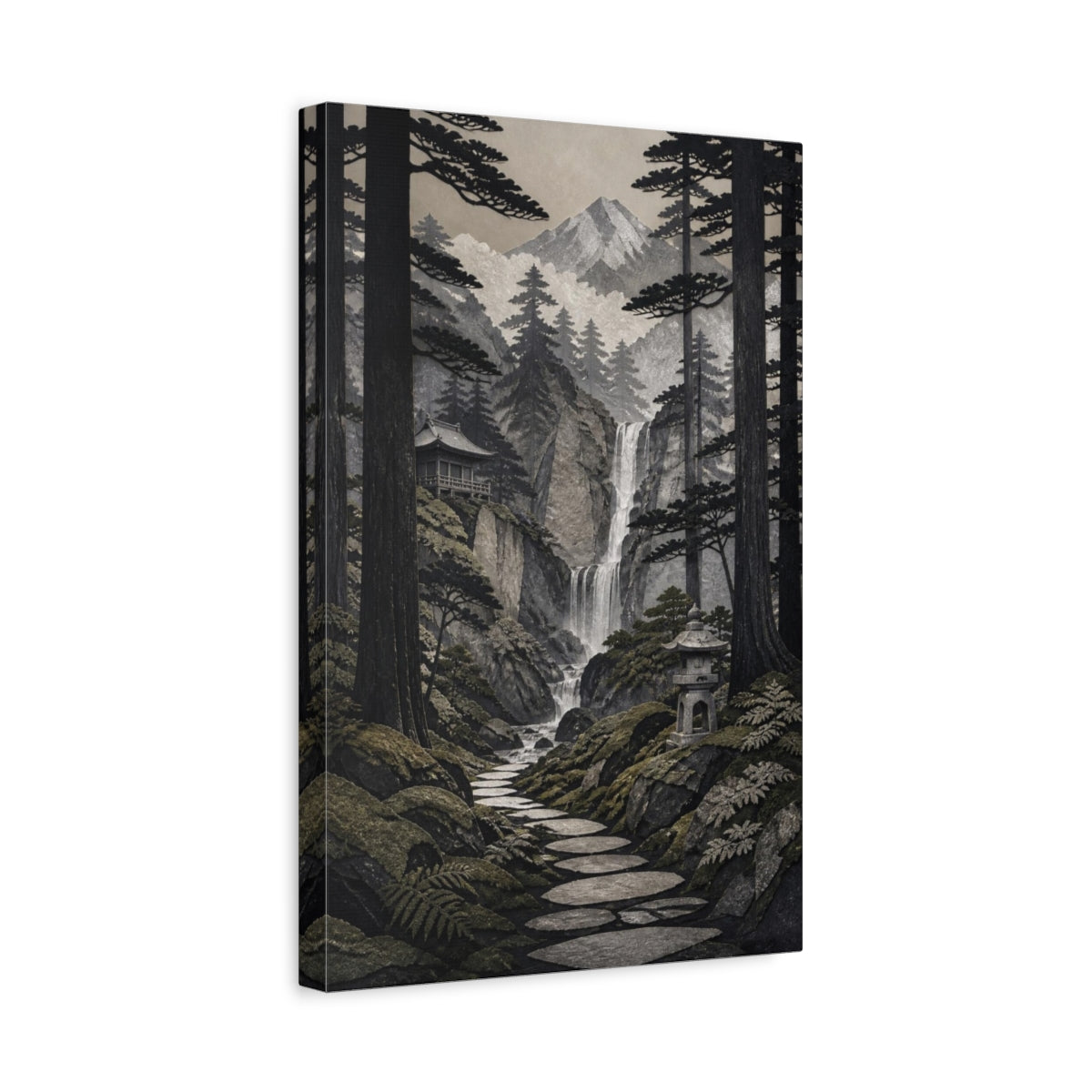 Side Mockup 4. Japanese Cedar Waterfall Path shown as canvas print