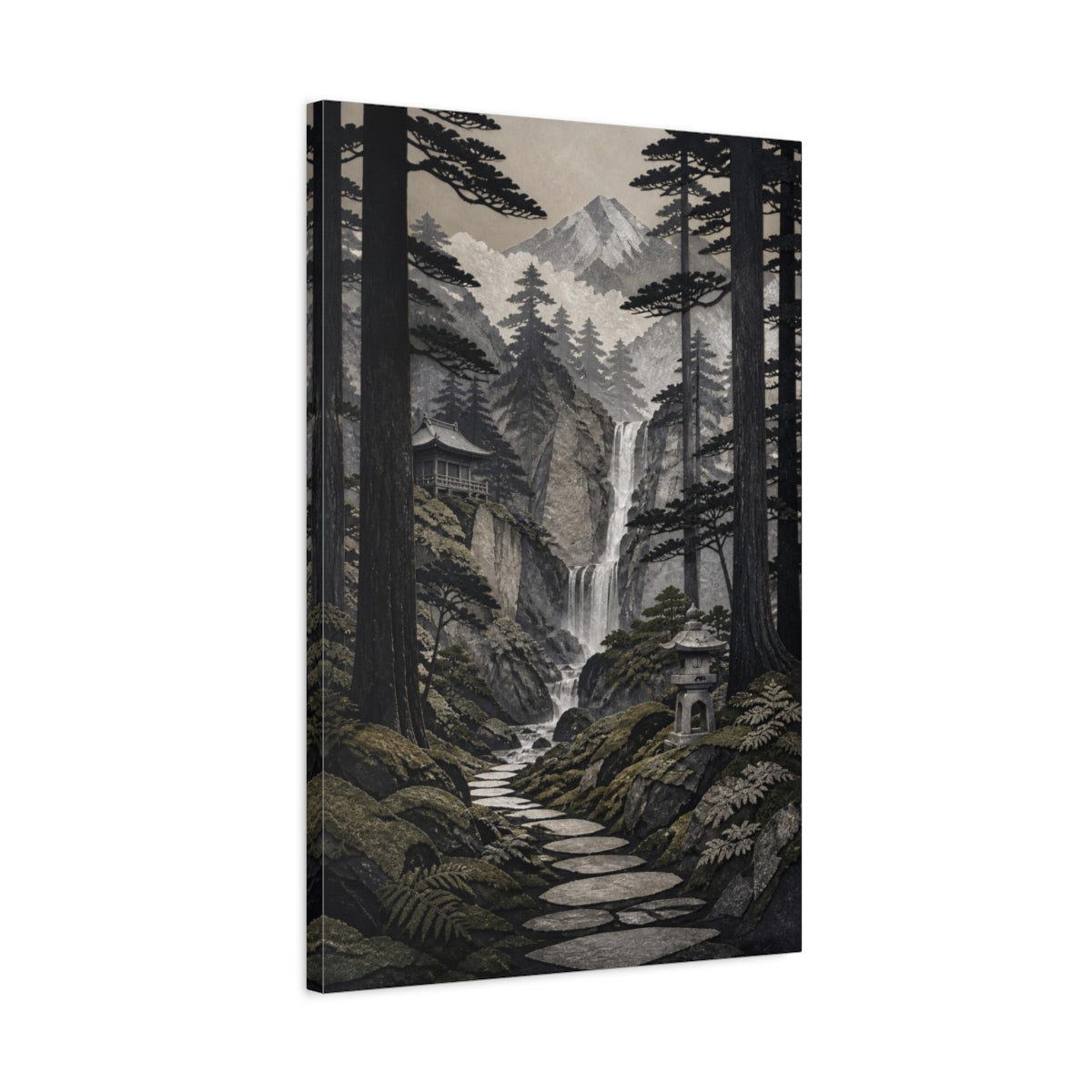 Side Mockup 2. Japanese Cedar Waterfall Path shown as canvas print