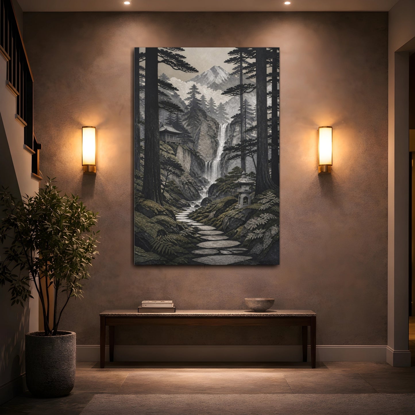Mockup 2. Japanese Cedar Waterfall Path shown as canvas print
