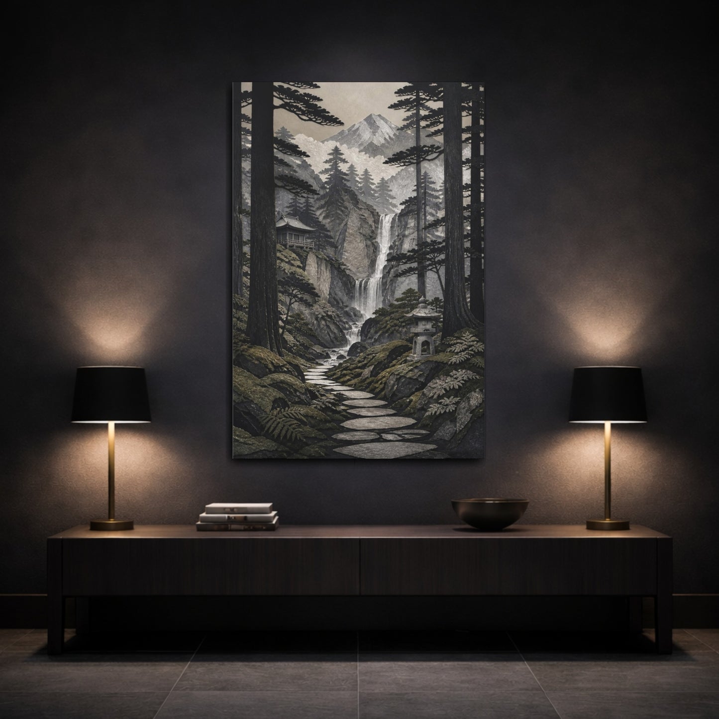 Mockup 3. Japanese Cedar Waterfall Path shown as canvas print