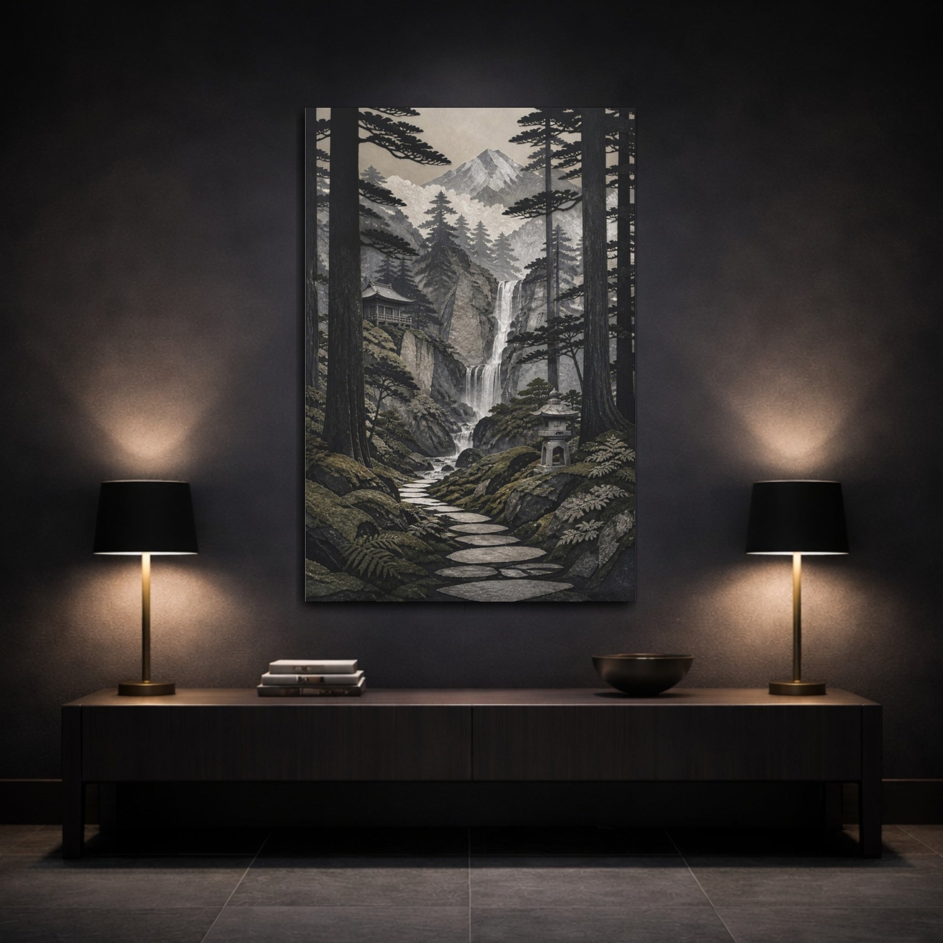 Mockup 3. Japanese Cedar Waterfall Path shown as canvas print