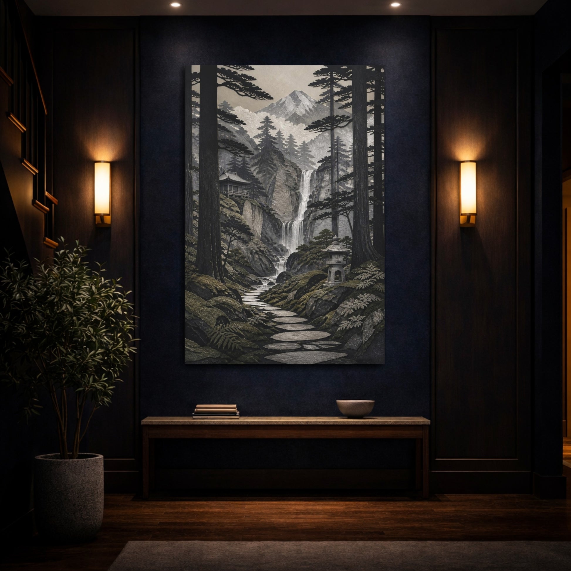 Mockup 4. Japanese Cedar Waterfall Path shown as canvas print