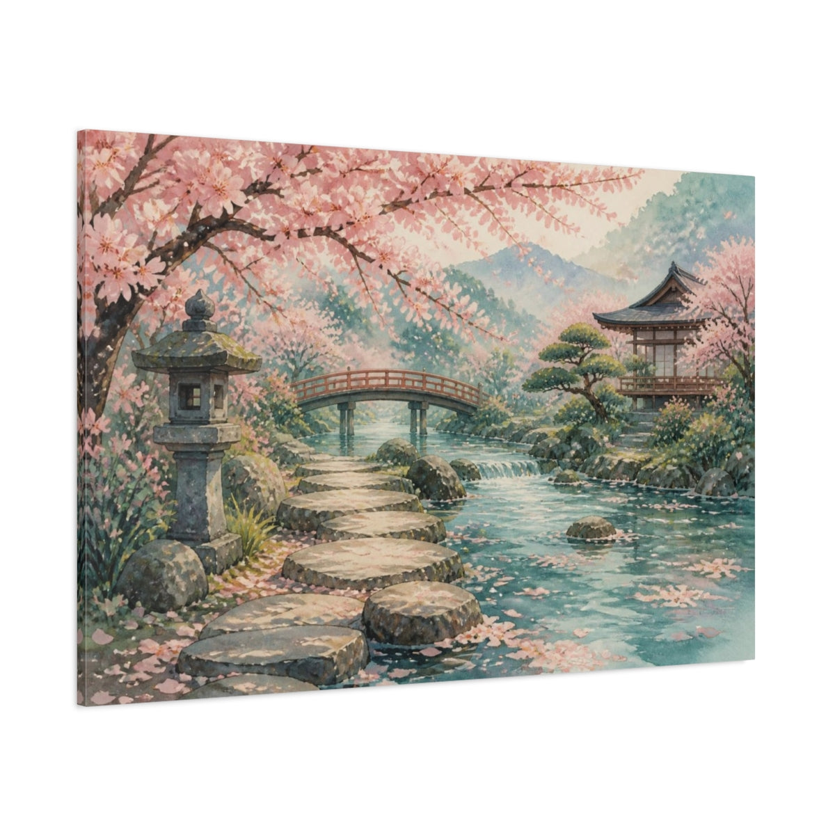 Side Mockup 1. Japanese Cherry Blossom Garden shown as canvas print
