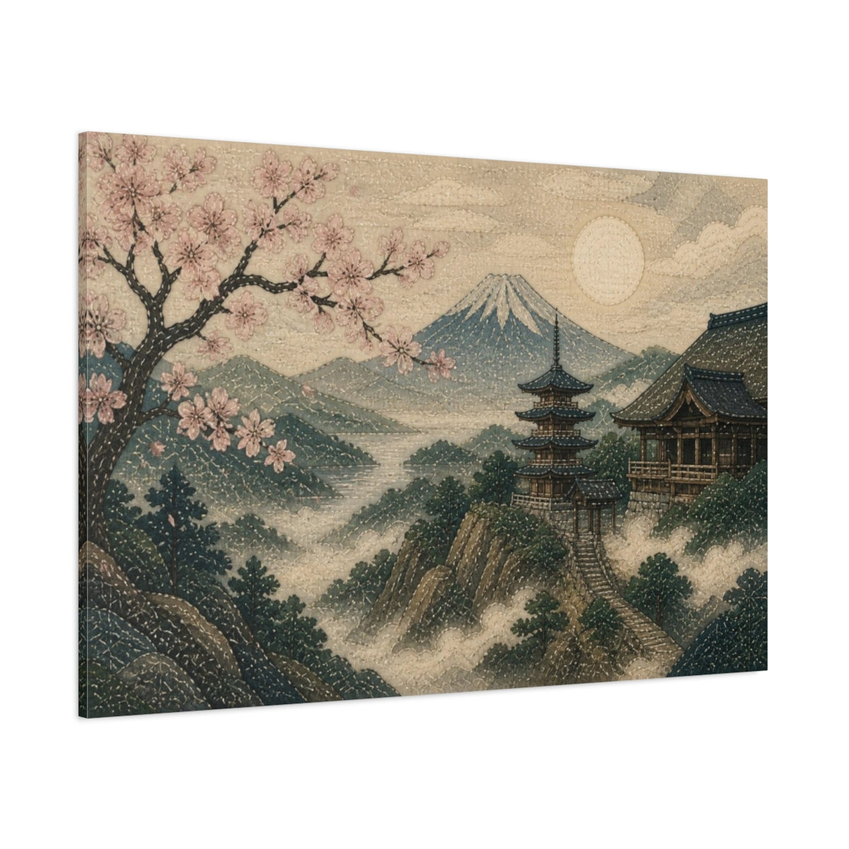 Side Mockup 1. Japanese Cherry Blossom Pagoda shown as canvas print