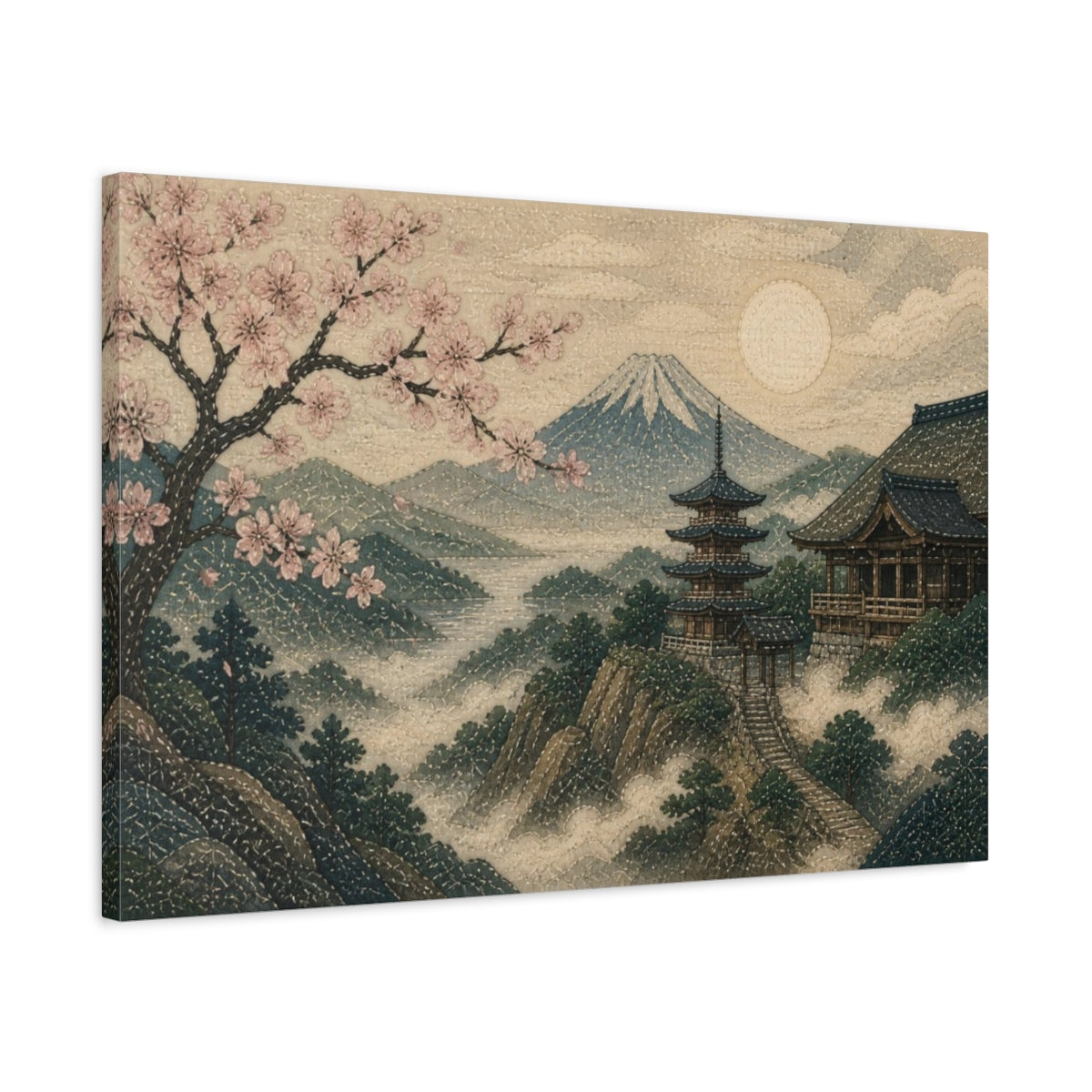 Side Mockup 2. Japanese Cherry Blossom Pagoda shown as canvas print