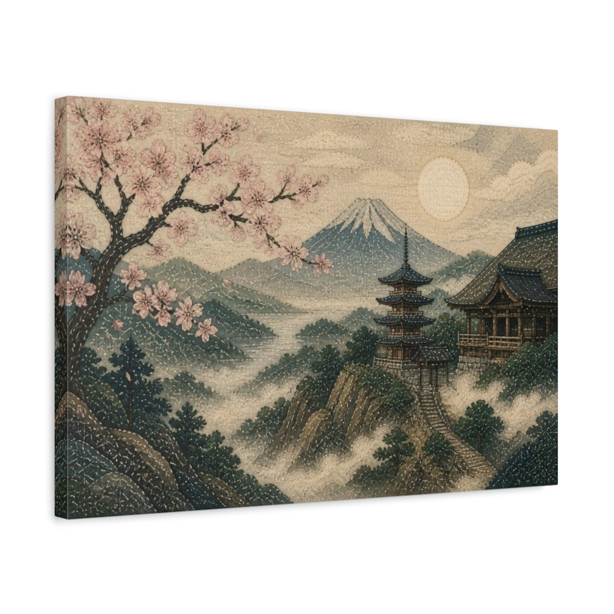 Side Mockup 3. Japanese Cherry Blossom Pagoda shown as canvas print
