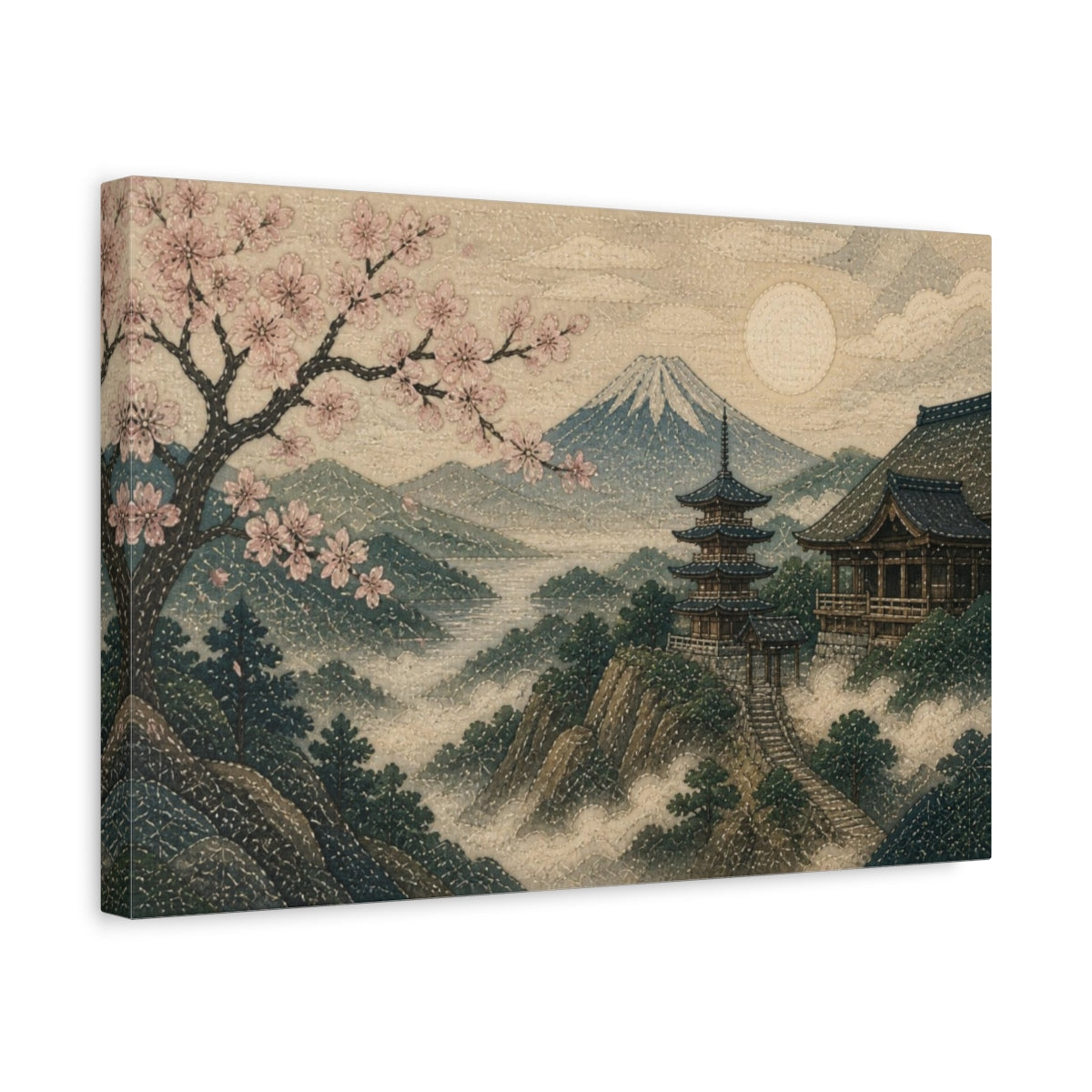 Side Mockup 4. Japanese Cherry Blossom Pagoda shown as canvas print