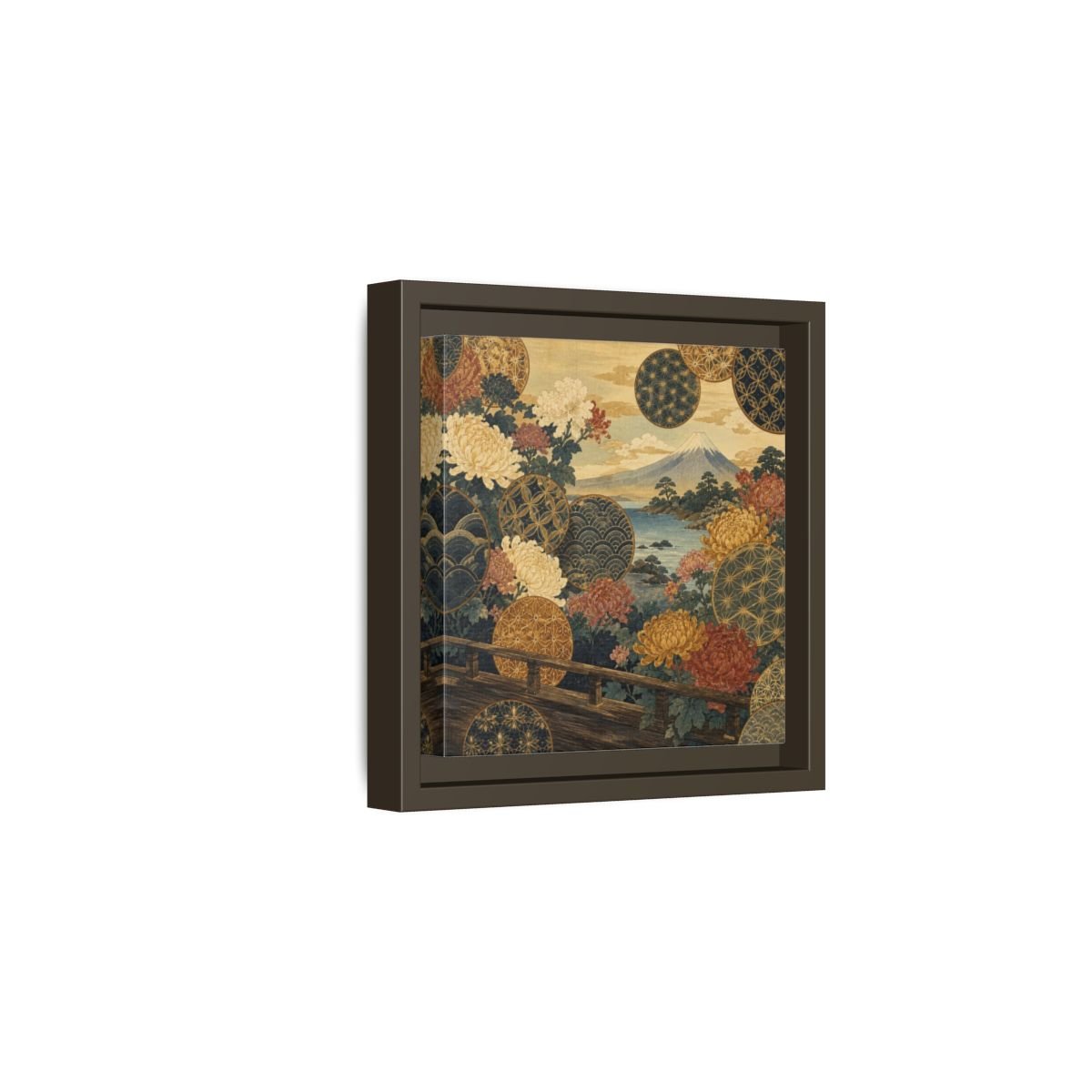 Japanese Chrysanthemum & Mount Fuji Framed Canvas Print – Living Room, Above Sofa - YesArtYes
