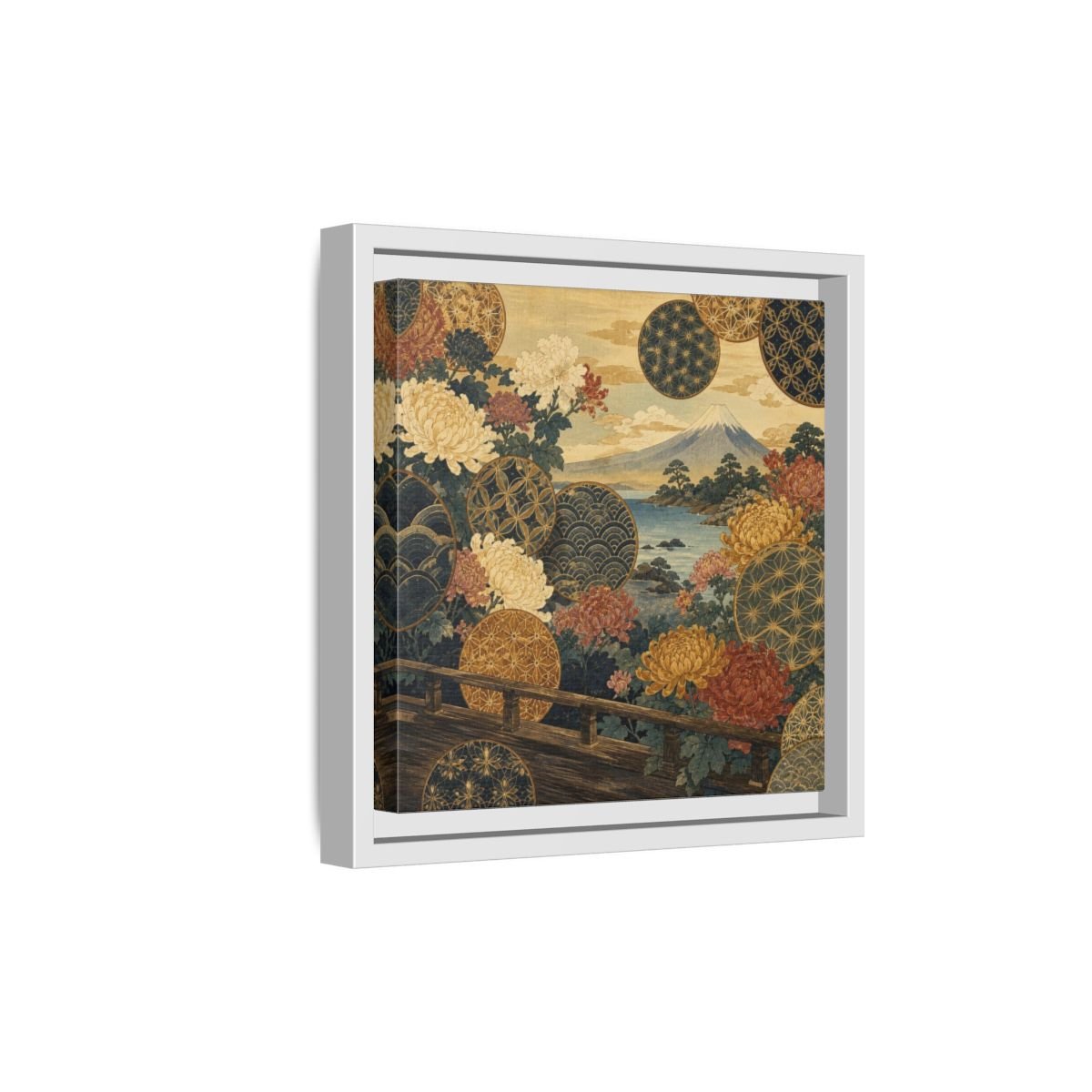 Japanese Chrysanthemum & Mount Fuji Framed Canvas Print – Living Room, Above Sofa - YesArtYes