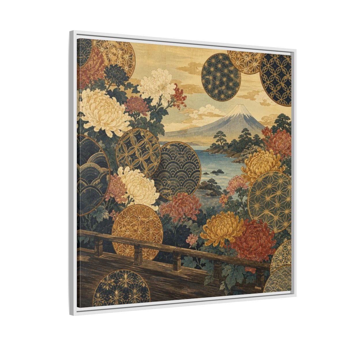 Japanese Chrysanthemum & Mount Fuji Framed Canvas Print – Living Room, Above Sofa - YesArtYes