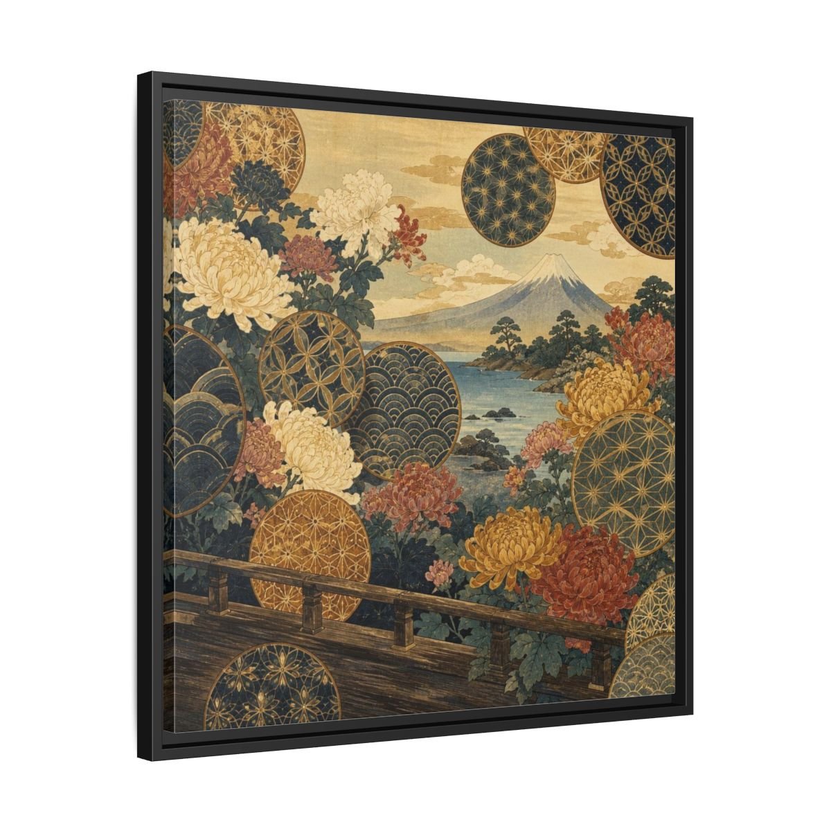 Japanese Chrysanthemum & Mount Fuji Framed Canvas Print – Living Room, Above Sofa - YesArtYes