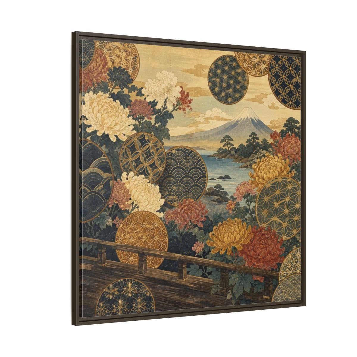 Japanese Chrysanthemum & Mount Fuji Framed Canvas Print – Living Room, Above Sofa - YesArtYes