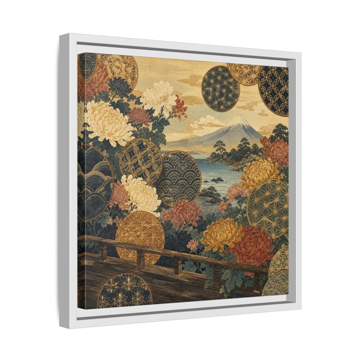 Japanese Chrysanthemum & Mount Fuji Framed Canvas Print – Living Room, Above Sofa - YesArtYes