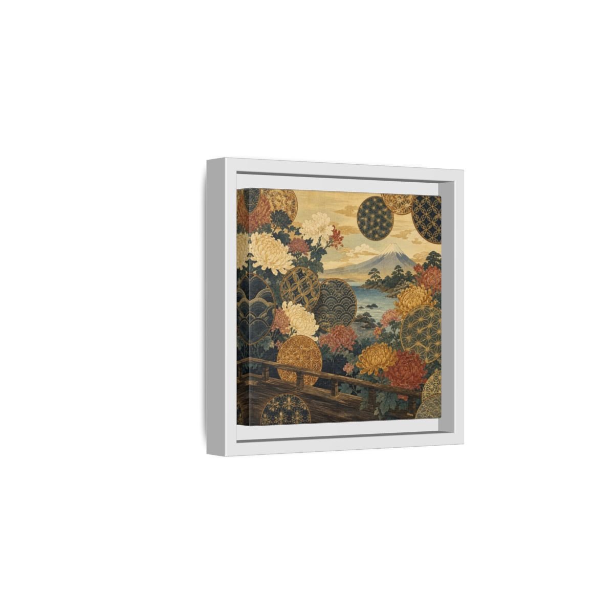 Japanese Chrysanthemum & Mount Fuji Framed Canvas Print – Living Room, Above Sofa - YesArtYes