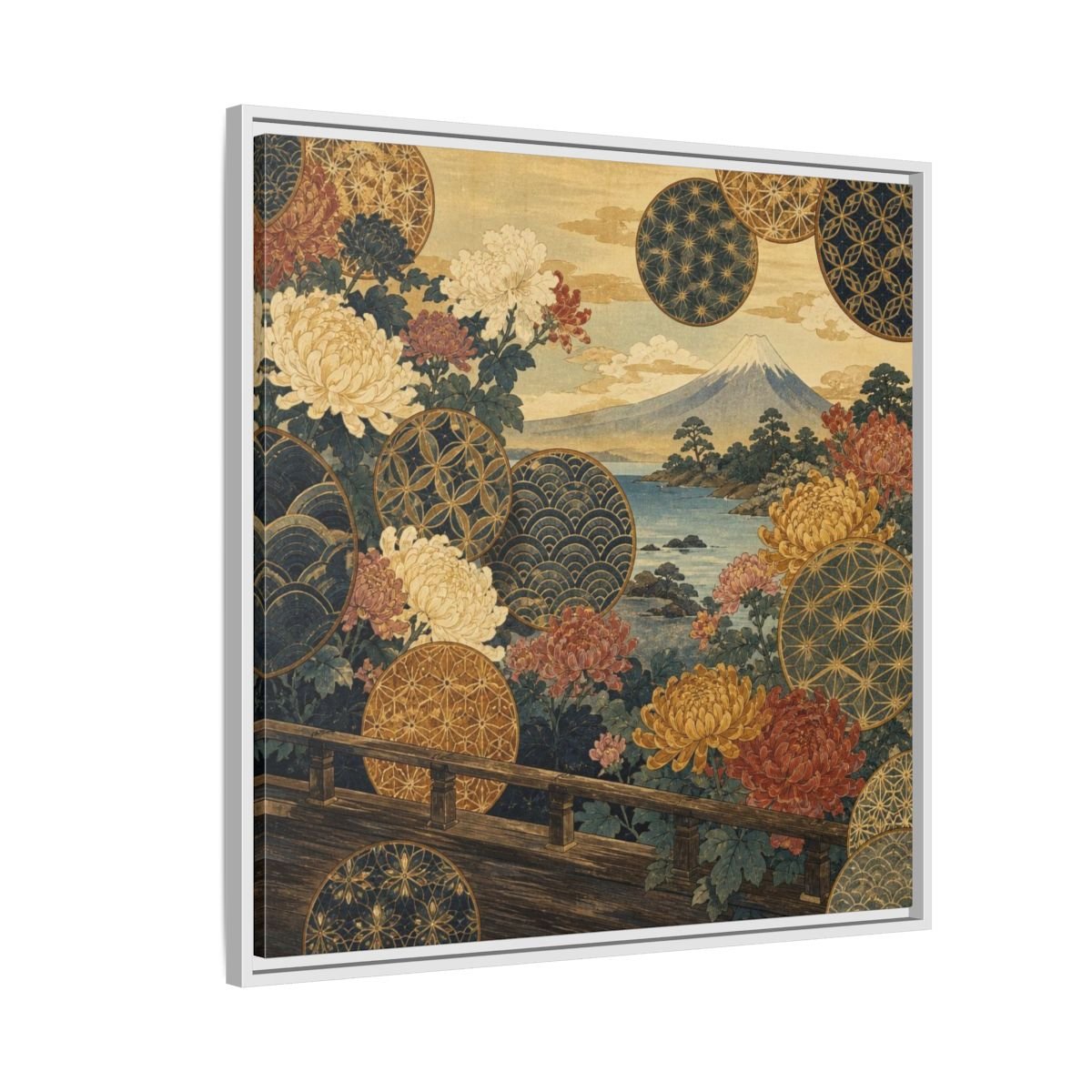 Japanese Chrysanthemum & Mount Fuji Framed Canvas Print – Living Room, Above Sofa - YesArtYes
