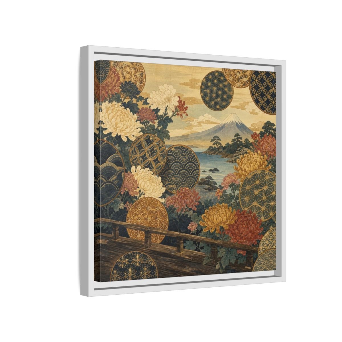 Japanese Chrysanthemum & Mount Fuji Framed Canvas Print – Living Room, Above Sofa - YesArtYes