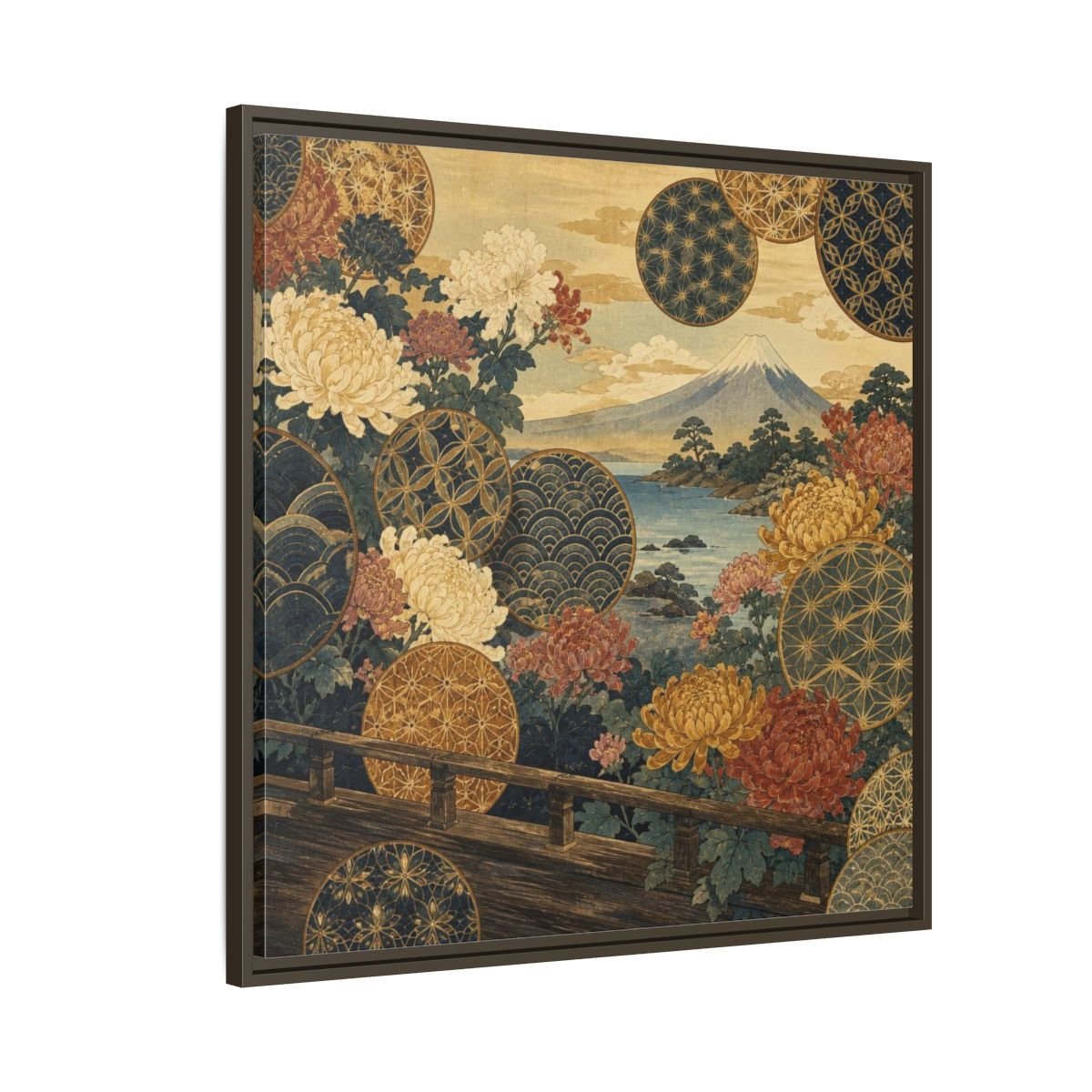 Japanese Chrysanthemum & Mount Fuji Framed Canvas Print – Living Room, Above Sofa - YesArtYes