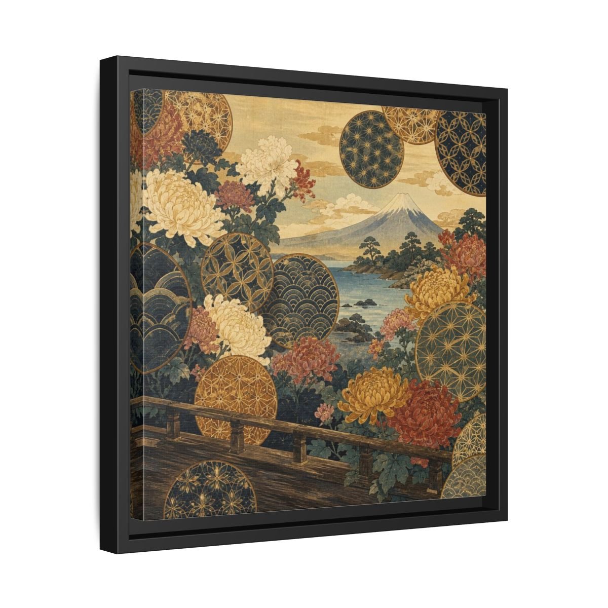 Japanese Chrysanthemum & Mount Fuji Framed Canvas Print – Living Room, Above Sofa - YesArtYes