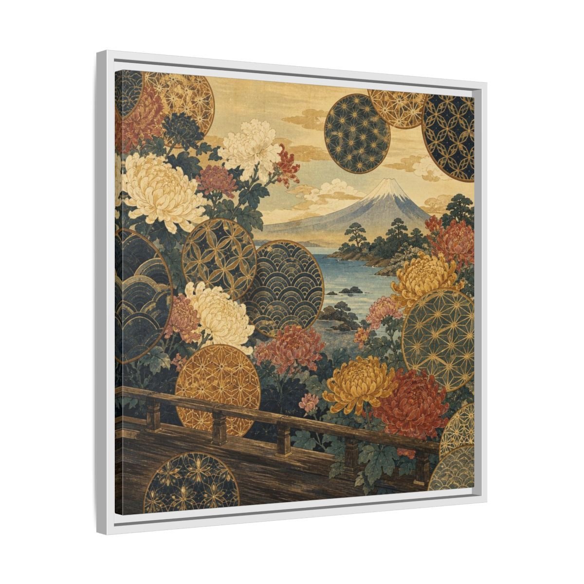 Japanese Chrysanthemum & Mount Fuji Framed Canvas Print – Living Room, Above Sofa - YesArtYes