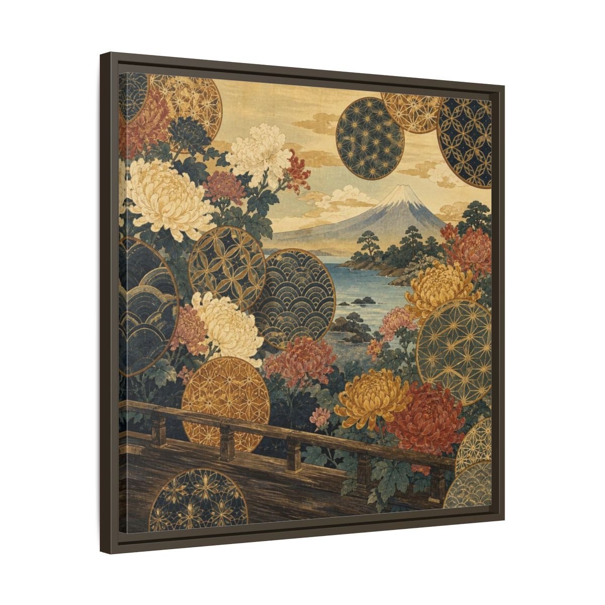 Japanese Chrysanthemum & Mount Fuji Framed Canvas Print – Living Room, Above Sofa - YesArtYes