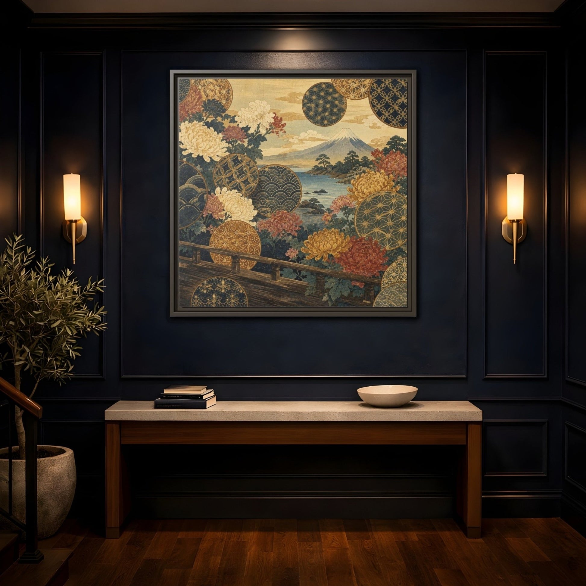 Japanese Chrysanthemum & Mount Fuji Framed Canvas Print – Living Room, Above Sofa - YesArtYes