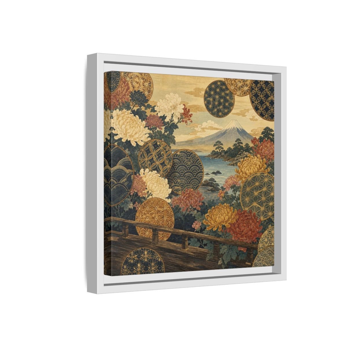 Japanese Chrysanthemum & Mount Fuji Framed Canvas Print – Living Room, Above Sofa - YesArtYes