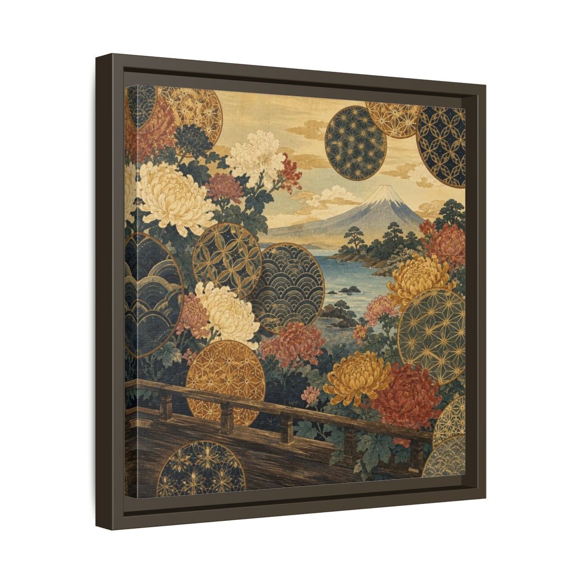 Japanese Chrysanthemum & Mount Fuji Framed Canvas Print – Living Room, Above Sofa - YesArtYes