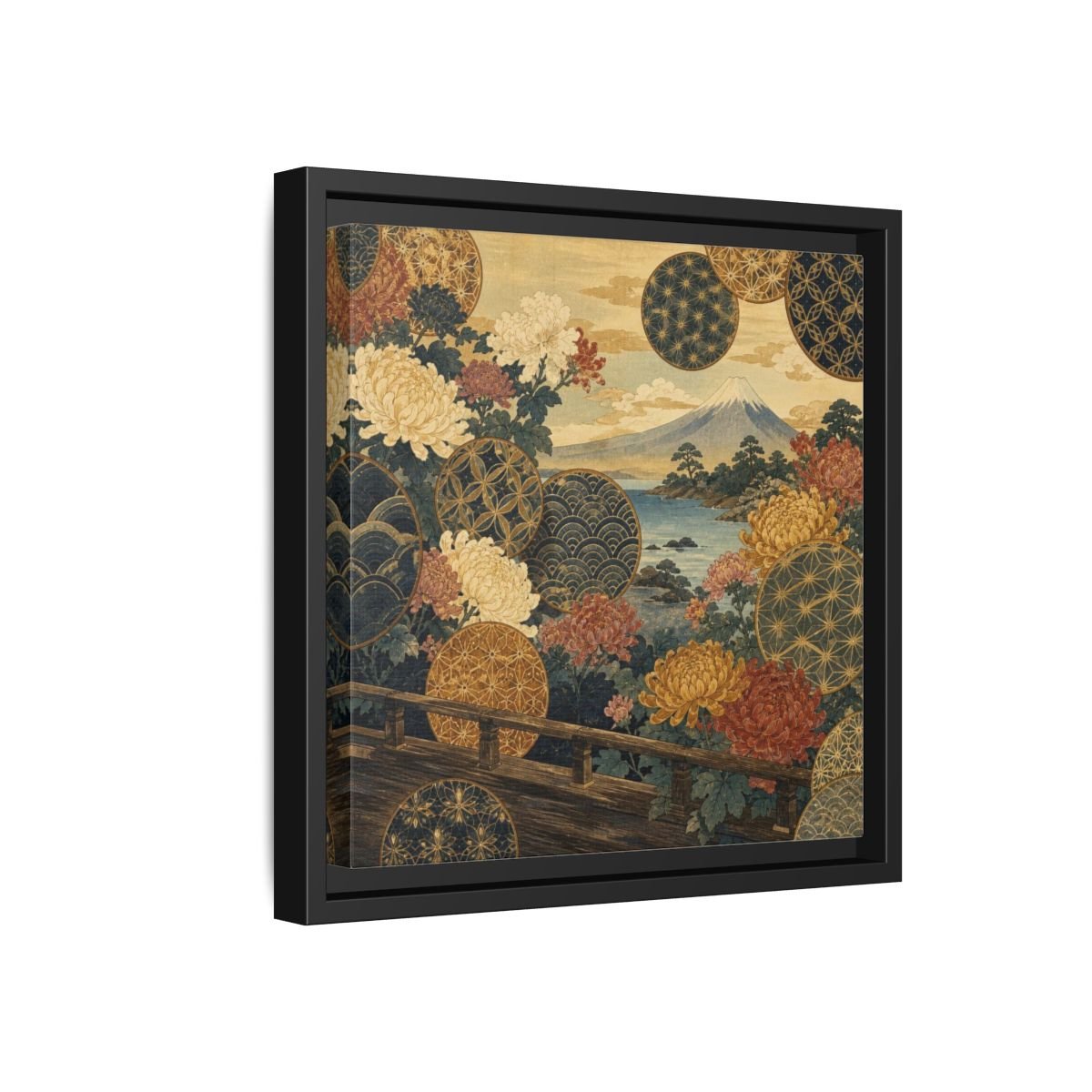 Japanese Chrysanthemum & Mount Fuji Framed Canvas Print – Living Room, Above Sofa - YesArtYes